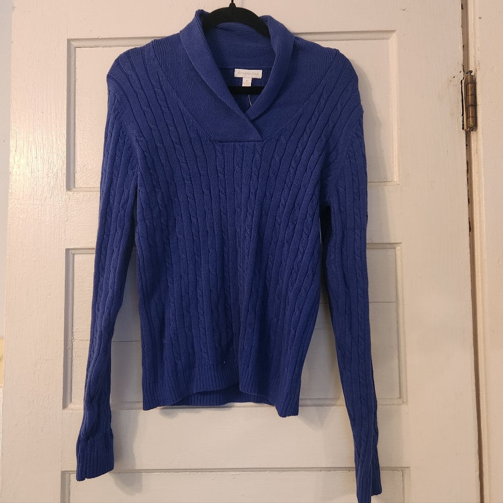 Women's Charter Club Sweater, Blue V-neck Cable Knit Collar, Sz Med Cotton NWT